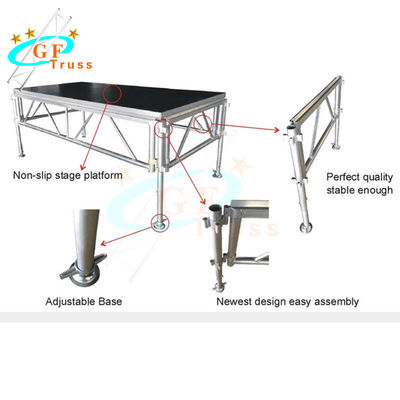 Plataforma de aluminio de madera de la etapa con las barandillas de la escalera